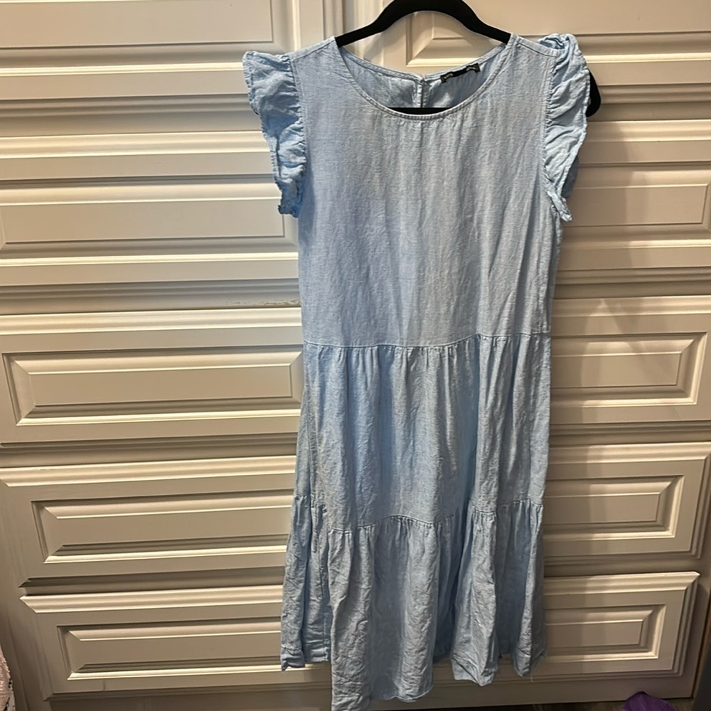 Blue 100% linen tiered dress S